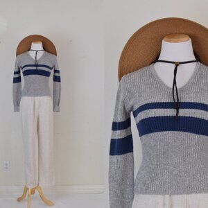 Vintage 90s Gray Striped Acrylic/Cotton V-Neck Crop Sweater Blue‎ Alphast size M